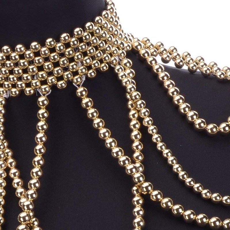 Jerollin Simulated Pearl Body Statement Necklace for Women, Fashion Collar Bib Necklaces Costume Jewelry Gold - Image 5